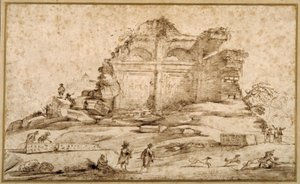 Klasik kalıntıların ve köpeklerin saldırısına uğrayan bir gencin bulunduğu manzara (kağıt üzerinde kalem ve mürekkep) by Guercino