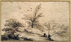 Dinlenen iki balıkçı ile manzara (kağıt üzerinde kalem ve mürekkep) by Guercino
