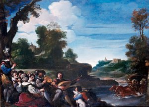 Yaz Keyfi Konserli Manzara. Giovanni Francesco Barbieri Guerchin dit Il Guercino (1591-1666) tarafından yapılan tablo 17. yüzyıl Güneşi. 0,35x0,47 m Floransa, Uffizi galerisi by Guercino