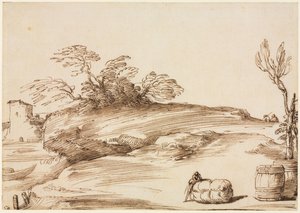 Balyaya Yaslanmış Bir Adamla Manzara, c. 1640. by Guercino