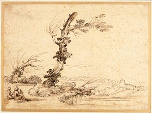 Bir ağacın yanında doğanlarla manzara by Guercino