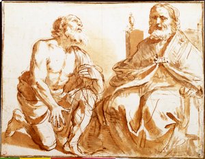 Oturan Piskopos ve Diz çökmüş Aziz by Guercino