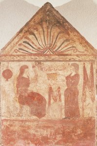 Paestum, Campania, İtalya#39;daki Andriuolo-Laghetto#39;dan tahtta oturan kadını dönme eyleminde gösteren boyalı mezar taşı by Guglielmo Bilancioni