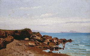 Napoliten sahilinde balıkçılar, arka planda Capri adası, Guglielmo Ciardi (1842-1917), tuval üzerine yağlı boya, 47,5x76,5 cm