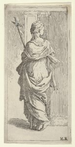 Bir haç taşıyan ve bir pilastere doğru adım atan kız, arkadan görülüyor, yakl. 1590-1600. by Guido Reni