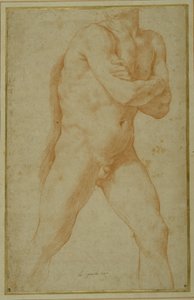 Çıplak adam kollarını kavuşturmuş ve sağ omzunun üzerinden bakıyor (krem kağıt üzerinde kırmızı tebeşir) by Guido Reni