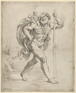 Sağ omzunda bebek İsa ile yürüyen Aziz Christopher, M.Ö. 1600-1640. by Guido Reni