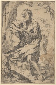 Aziz Jerome, bir haç önünde bir kayanın üzerinde diz çökmüş ve sola bakan açık bir kitap,..., ca. 1600-1640. by Guido Reni