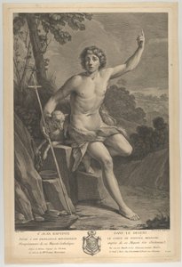 Vaftizci Yahya çölde, bir kayanın üzerine oturmuş ve sol eliyle yukarıyı işaret ediyor..., 1770 by Guido Reni
