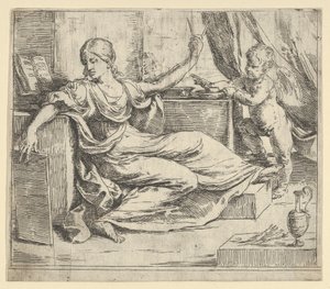 Bir tablet ve pusula tutan oturan kadın öğrenme alegorisi, kanatlı bir putto ..., yaklaşık. 1600-1640. by Guido Reni