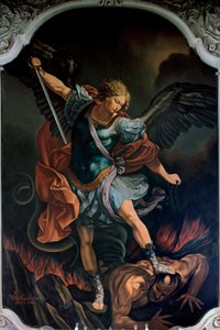 Guido Reni'den sonra VM De Girolamo'nun (20. yüzyıl) yaptığı Ejderhayı Teras Eden Başmelek Aziz Mikail Tablosu. 1957 by Guido Reni