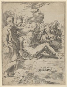 Entombment, İsa ayakları uzanmış, Bakire sağda, 1590-1600. by Guido Reni