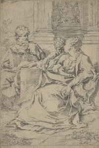 Kutsal Aile bir sıra sütunun önünde birlikte oturmuş, Saint Joseph okuyor ve..., yakl. 1590-1610. by Guido Reni