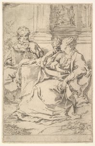 Arka planda Kutsal Yazı Sahnesi olan Kutsal Aile. by Guido Reni