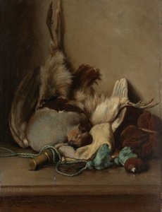 Ahşap Güvercin ve Toz Boynuzlu Natürmort by Guillaume Anne van der Brugghen
