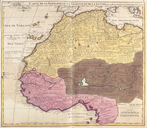 Barbaria (Fas, Cezayir, Tunus, Libya), Nigritude (Mali, Burkina Faso, Nijer) ve Gine (Senegal, Gine, Sierra Leone, Liberya, Fildişi Sahili, Gana, Togo, Benin, Nijerya) Haritası (gravür