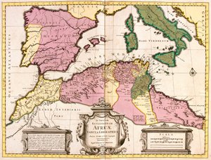 Kuzey Afrika Haritası (Moritanya, Fas, Cezayir, Tunus, Libya) ve Avrupa (İspanya, Portekiz, Fransa, İtalya, Balear Adaları, Sardunya, Korsika ve Sicilya ile Yunanistan) (gravür