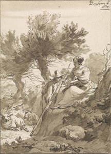 Bir çoban ve çoban kız ve onların koyunları ile manzara by Guillaume Saint