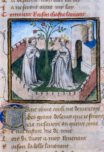 "Roman de la Rose" da bir gülün yanında minyatür bir çift sevgilinin temsili