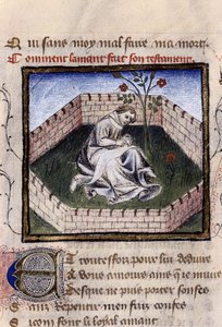 Guillaume Lorris'in "Roman de la Rose" adlı eserinde Narcissus çeşmesini keşfeden zevkler bahçesinde aşık genç bir çocuğun temsili