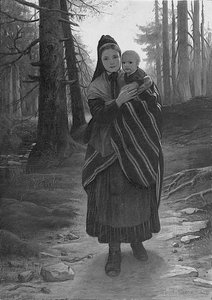 Anne ve çocuk ağaçlık bir yolda (gemiye serilmiş tuval üzerine yağlıboya) by Gustav Adolph Spangenberg