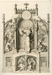 Luther müsamaha göstermek istemiyor, solda: Johann Tetzel (1465-1519) Luther'in kağıtlarını yakıyor, ana resim: Luther 95 tezini Wittenberg'in kilise kapısına asıyor, sağda: öğrencileri Wittenberg Üniversitesi yanıyor by Gustav Ferdinand Leopold Konig