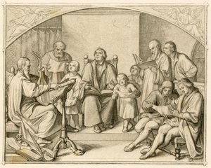 Luther, Johannes Walther (1496-1570) yönetiminde çocukları ve arkadaşlarıyla birlikte Alman Protestan dini ilahilerini tanıtıyor. by Gustav Ferdinand Leopold Konig