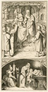 Martin Luther bir okul çocuğu olarak Eisenach'ta Ursula Cotta'nın kapısının önünde biraz ekmek için şarkı söylüyor. Bu evde kaval ve ud öğrenecek, yani orijinal metin by Gustav Ferdinand Leopold Konig