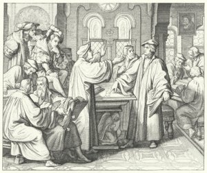 Martin Luther, Huldrych Zwingli ile kutsal töreni tartışırken (gravür) by Gustav Ferdinand Leopold Konig