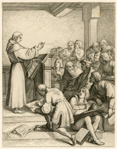 Martin Luther, Wittenberg Üniversitesi'nde, önünde rektör yardımcısı Dr. Pollich ve baba dostu Johann von Staupitz (1460-1524) ders veriyor. by Gustav Ferdinand Leopold Konig