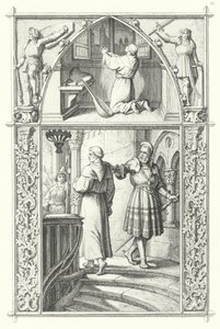 Martin Luther, Solucan Diyetine hazırlanırken dua ederken (üstte). Georg von Frundsberg, Martin Luther