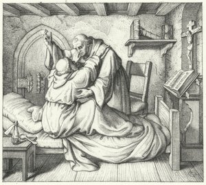 Martin Luther, manastırdaki manevi işkencesi sırasında bir keşiş arkadaşı tarafından teselli edildi (gravür) by Gustav Ferdinand Leopold Konig