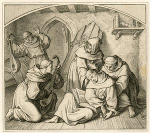 Martin Luther, lavta çalan diğer keşişlerle birlikte manastır hücresinde bilinçsizdir. by Gustav Ferdinand Leopold Konig