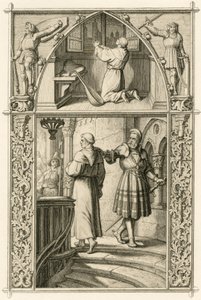 Martin Luther, imparatorla buluşması için dua ederek kendini hazırlar (yukarıdaki resim); ana resim : Luther şövalye George (Georg) von Frundsberg (Jorg von Fronsberg, Freundsbergin) ile buluşuyor by Gustav Ferdinand Leopold Konig