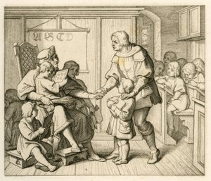 Martin Luther'in Mansfeld'deki okula kaydı, bu çizimde babası Hans ile birlikte by Gustav Ferdinand Leopold Konig