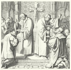 Hem Protestan hem de Katolik formlarda gösterilen Komünyon (gravür) by Gustav Ferdinand Leopold Konig