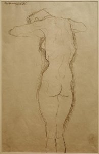 Arkadan çıplak ayakta, kollar yatay olarak bükülmüş (çalışma) by Gustav Klimt