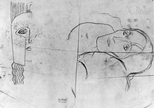 Ver Sacrum 1900 için Çalışmalar - Pallas Athene ve Trajik Bir Kafa, 1897-98 (aydınger kağıdı üzerine kurşun kalem ve mavi pastel boya) by Gustav Klimt