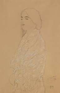 Beyaz Şallı Kadın (kağıt üzerine beyaz ve kırmızı renkli tebeşirli kalem) by Gustav Klimt