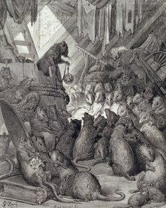 Antoine Valerie Bertrand (d.1823) tarafından oyulmuş La Fontaine Masallarından Fareler Tarafından Düzenlenen Konsey. 1868 (gravür) by Gustave (after) Dore