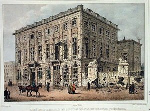 Cafe Amitie ve Old Hotel du Prince Frederic, Brüksel, 23-26 Eylül 1830 Savaşından sonra, Jean Baptiste Madou (1796-1877) tarafından oyulmuş (renkli gravür) by Gustave Adolphe (after) Simoneau