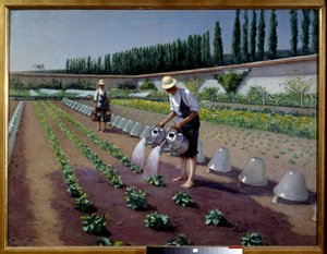 Bahçıvanlar. Sulama kovalarıyla iki adam tarlalarını suluyor. Yanlarında ekinleri örtmek için kullanılan cam çanlar vardı. Gustave Caillebotte