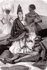 Signare, Senegal, Goree Adası'ndaki melez Fransız Afrikalı kadınlar. 1861 (gravür)