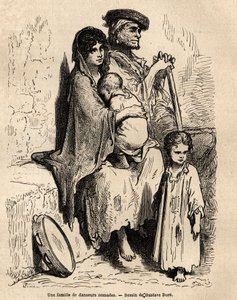 Sevilla sokaklarında dinlenen göçebe dansçılardan oluşan bir aile. Gustave Dore (1832-1883) tarafından canlı olarak çekilen eskiz. 1862