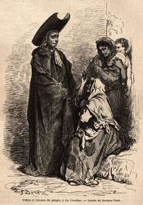 Paçavralar giymiş bir rahip ve halktan bir kadın; profesyonel İspanyol dilenciler, Hıristiyan hayır kurumunu ustaca sömürmek için kiliselerin mahkemelerine yerleştiler. Gustave Dore (1832-1883) tarafından canlı olarak çekilen eskiz. Yolculuğu göstermek içi by Gustave Dore