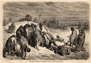 Gerçek bir mucizeler mahkemesi olan bir dilenci ve sakat topluluğu, Almuradiel (Mancha Eyaleti) civarında badem istemek için bir gayrete gidiyor. Gustave Dore