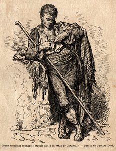Genç bir dilenci, a la vente de Cardenas, Almaden (Kanal eyaleti) yolunda bir han. Gustave Dore (1832-1883) tarafından canlı olarak çekilen eskiz. Charles Davillier ve Gustave Dore tarafından 1862'de İspanya'daki yolculuğu gösteren gravür, “Le tour by Gustave Dore