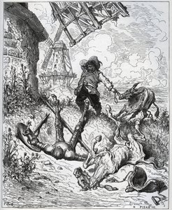 Saldırıdan sonra yel değirmenleri verir - “” Misericorde! “” Sancho - Miguel Cervantes (1547-1616) tarafından “” Don Kişot de la Mancha”dan (Don Kişot) - Gustave Dore tarafından çizildikten sonra gravür by Gustave Dore