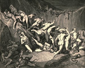 Bu korkunç vahşetin ortasında çıplak ruhlar korkunç bir korkuyla kanat çırpıyordu, c1890. by Gustave Dore