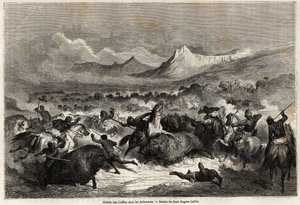 Gustave dore (1832-1883) tarafından çizilen, aynı adı taşıyan nehir kıyısında yaşayan Delaware'ler arasında bufalo avı, Mississippi'nin 1853-54'te Baudouin Mollhausen (1825- 1905). gravür by Gustave Dore
